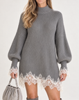 Celeste lace-trim sweater dress in grey