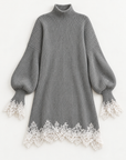 Celeste lace-trim sweater dress in grey