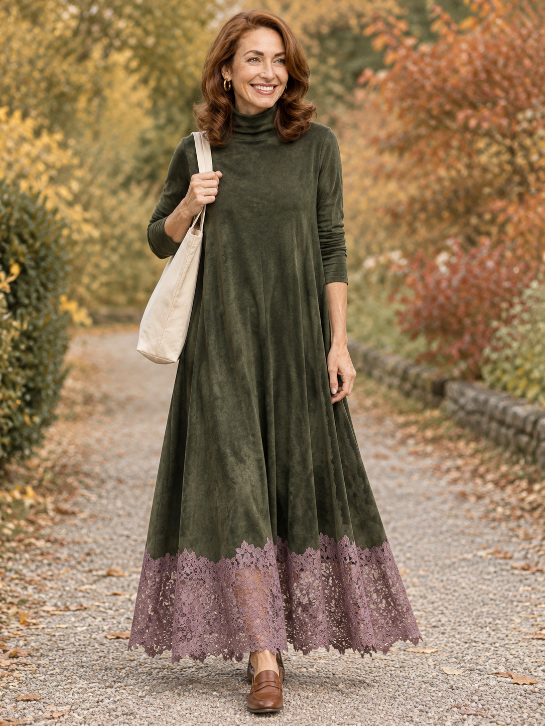Fern lace-hem maxi dress in olive 