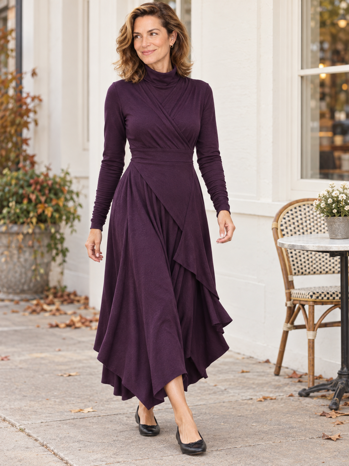 Josephine draped turtleneck dress in plum 
