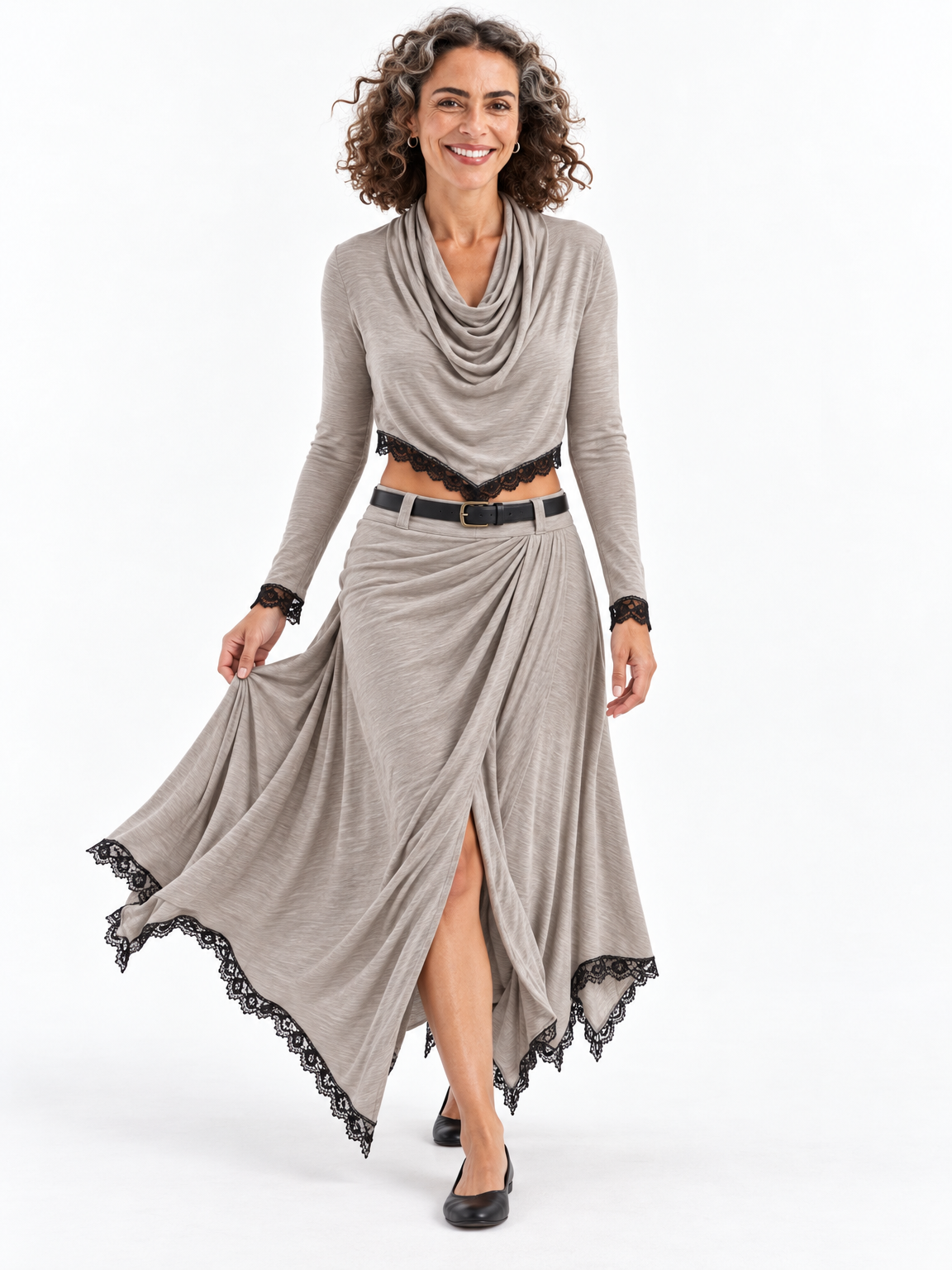 Sage lace-trim skirt set