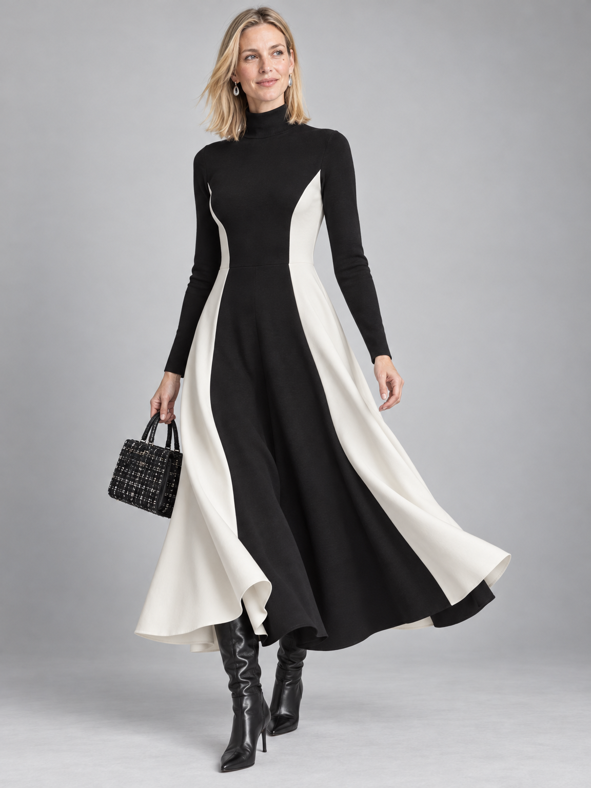 Vivien colorblock turtleneck dress in black ivory 