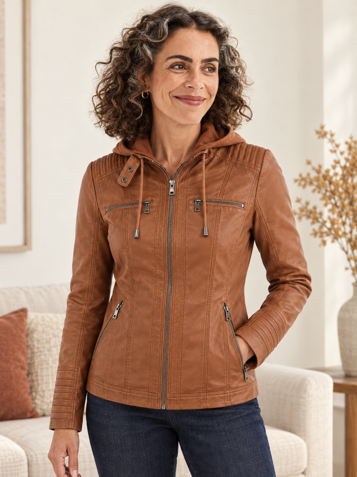 Harlow hooded moto jacket in light brown 