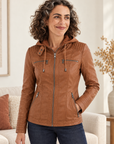 Harlow hooded moto jacket in light brown 