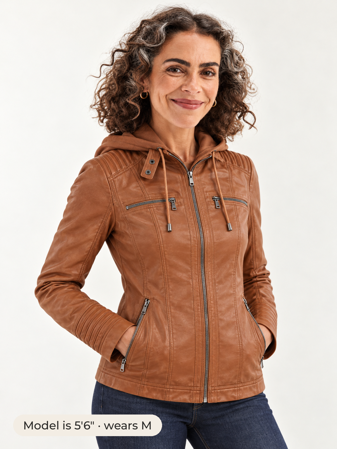 Harlow hooded moto jacket in light brown 
