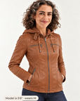 Harlow hooded moto jacket in light brown 