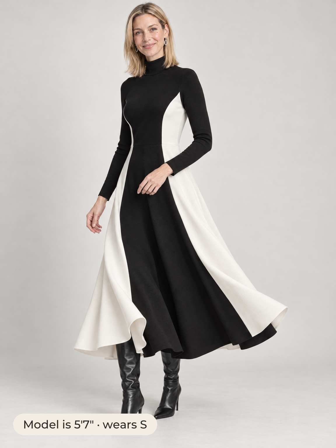 Vivien colorblock turtleneck dress in black ivory 