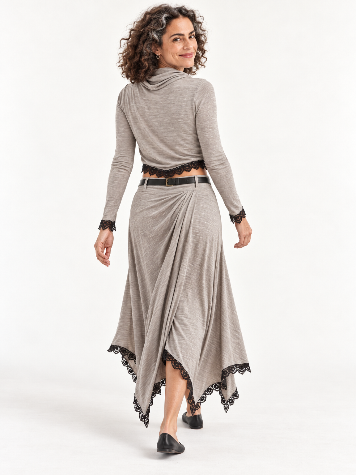 Sage lace-trim skirt set