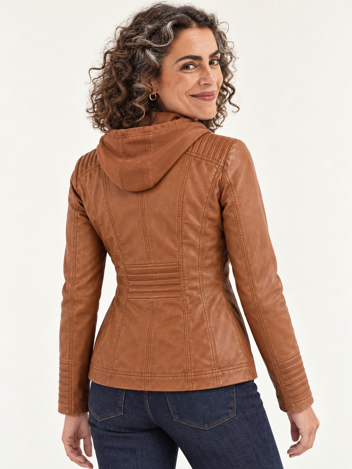 Harlow hooded moto jacket in light brown 