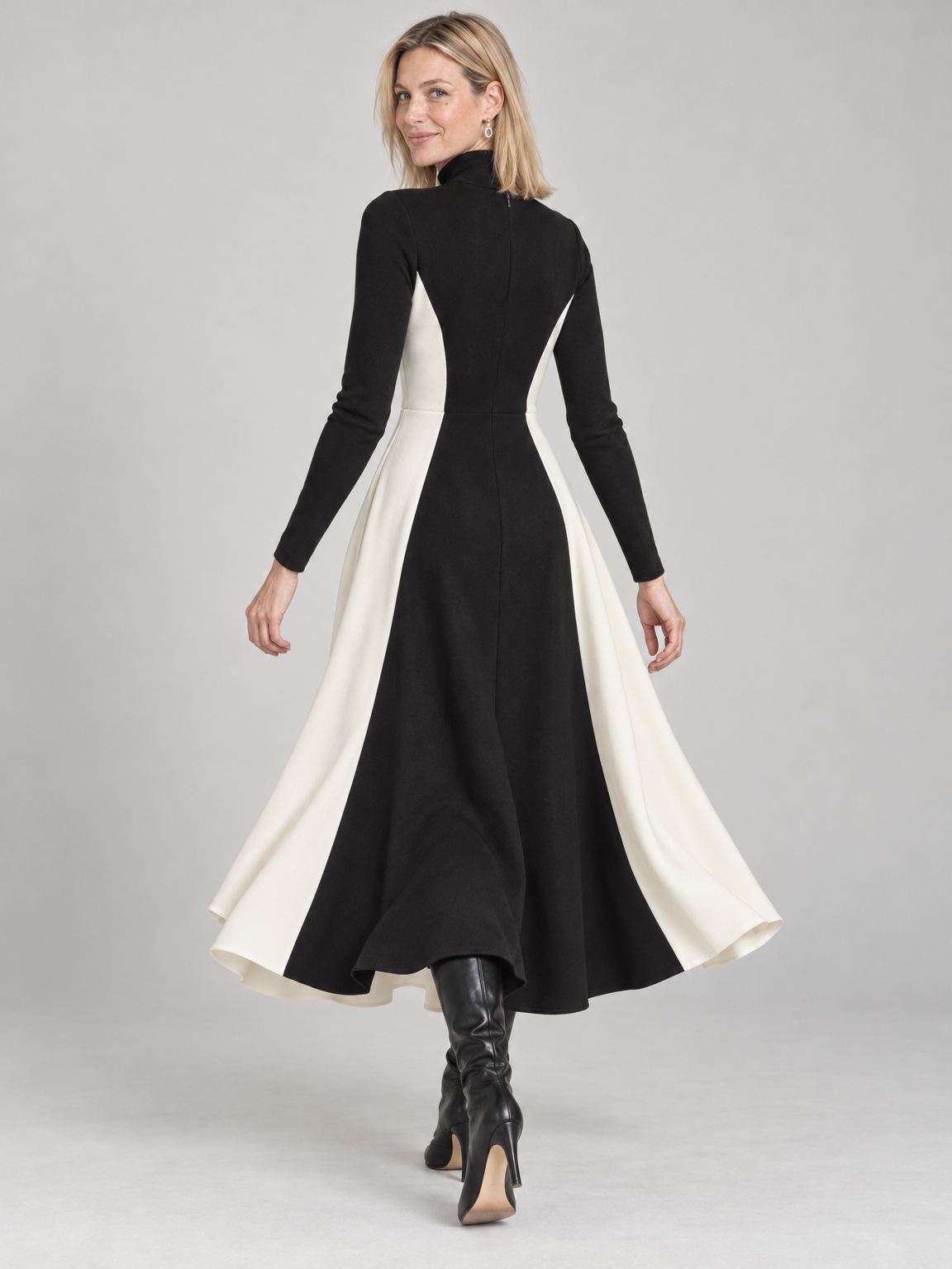 Vivien colorblock turtleneck dress in black ivory 