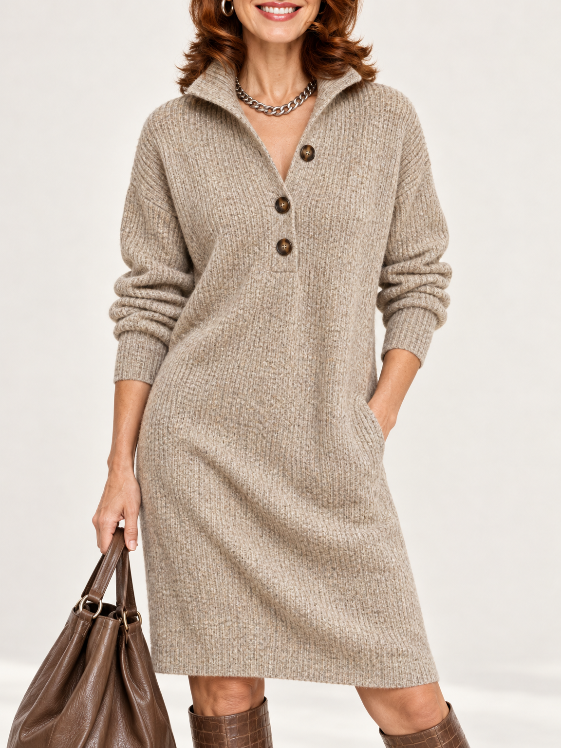 Hazel collared sweater dress in khaki 