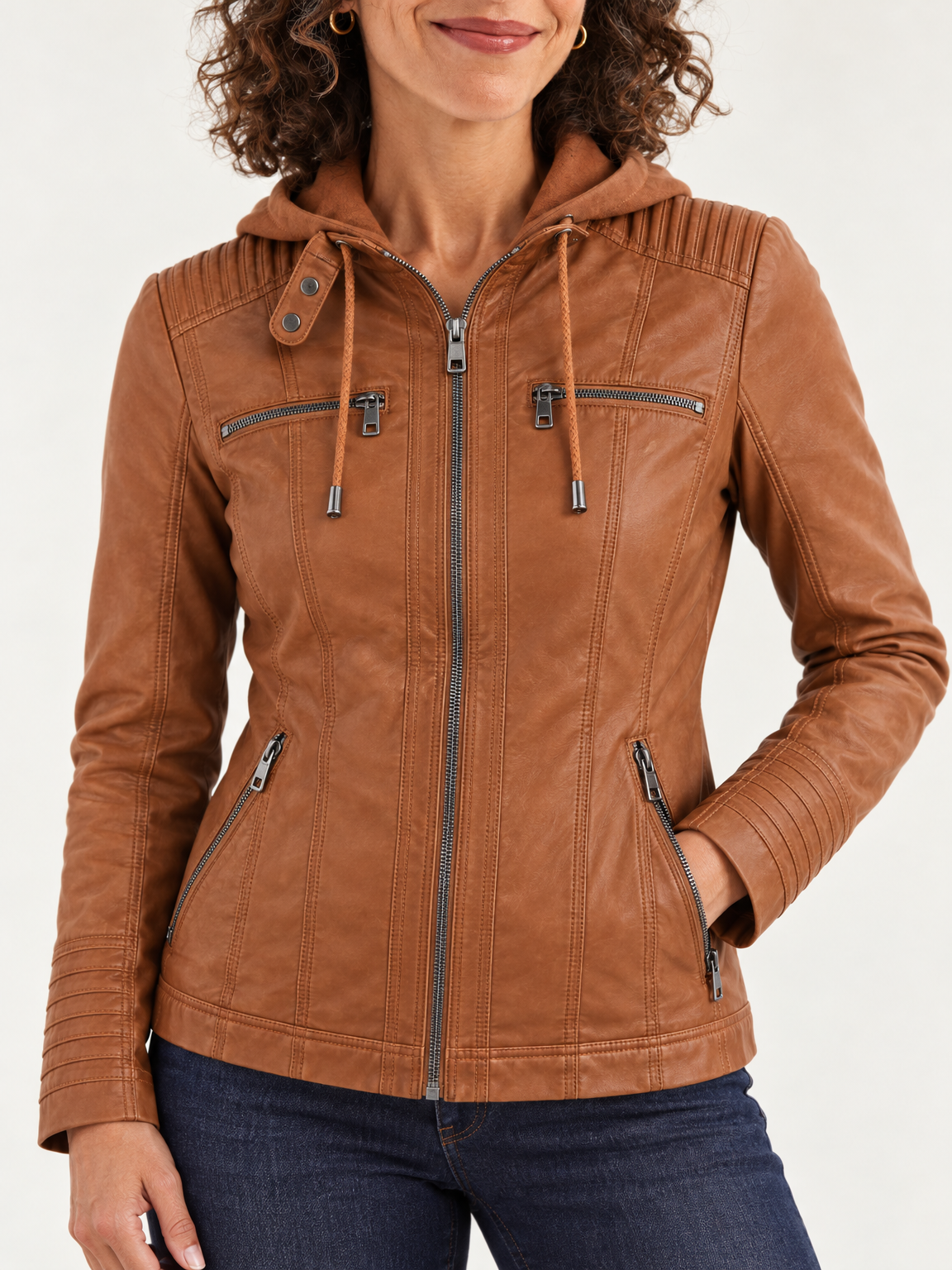 Harlow hooded moto jacket in light brown 