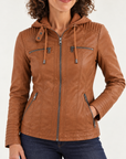 Harlow hooded moto jacket in light brown 