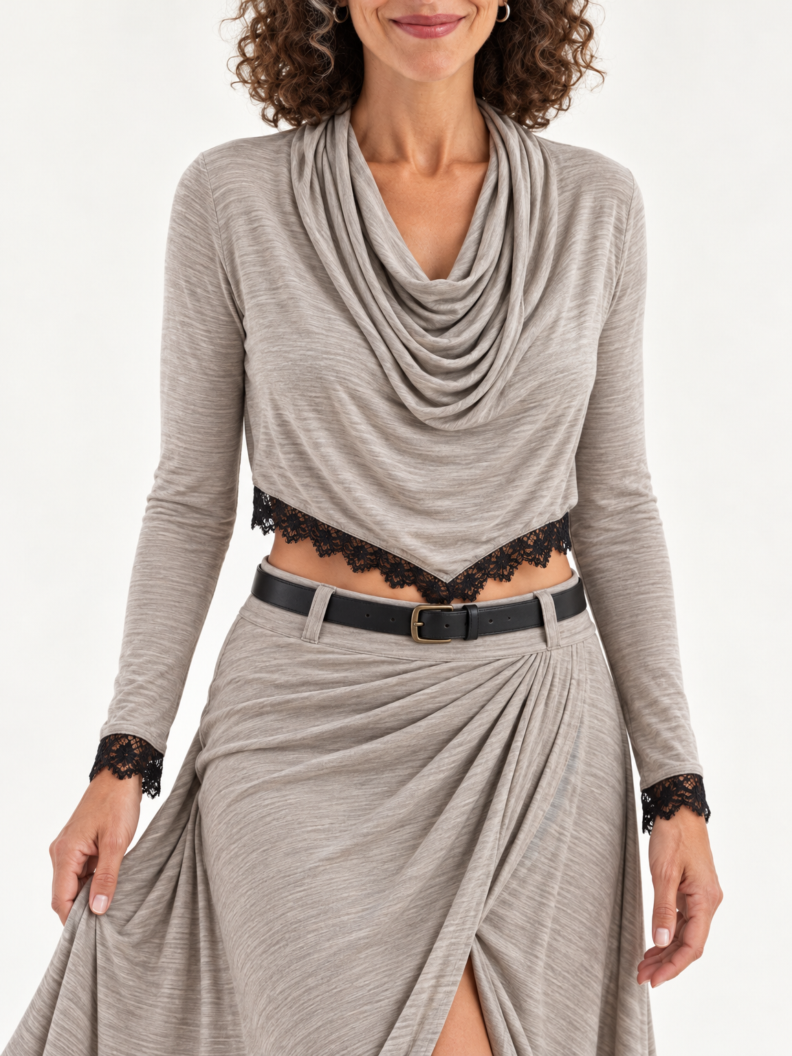 Sage lace-trim skirt set