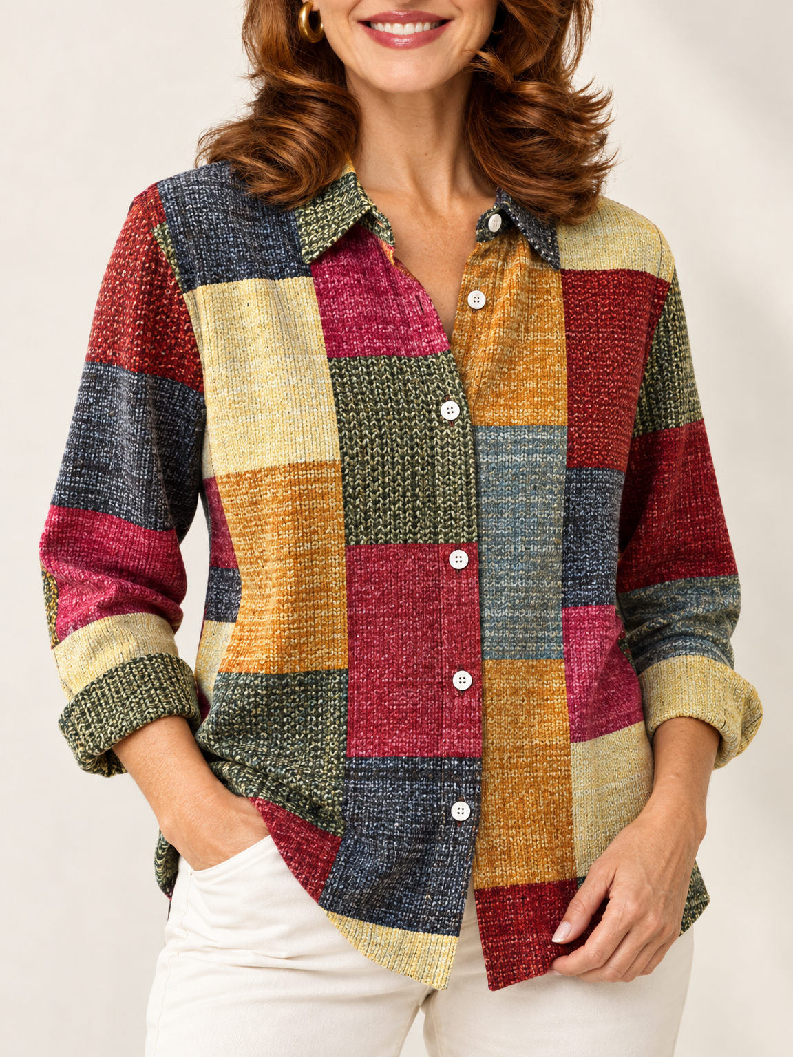 Hazel patchwork shirt in berry patchwork 