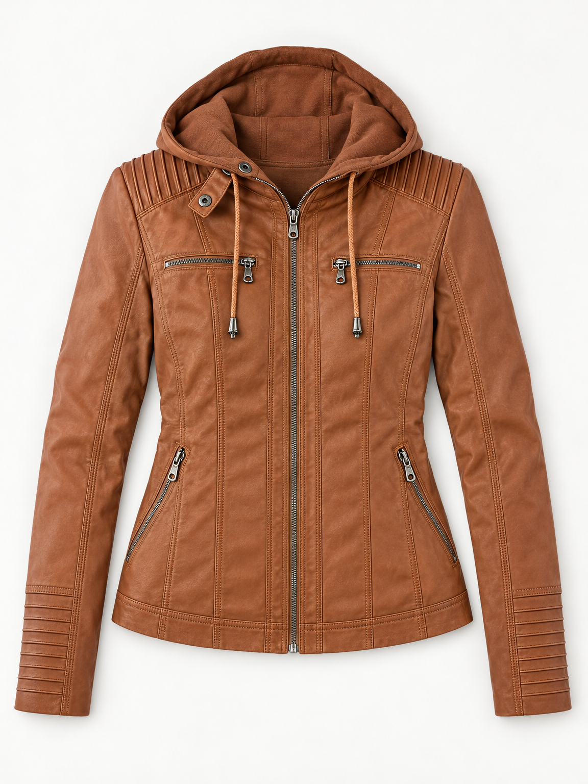Harlow hooded moto jacket in light brown 