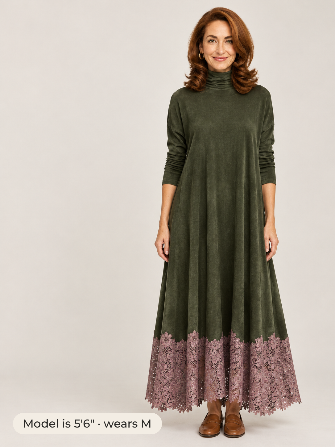 Fern lace-hem maxi dress in olive 