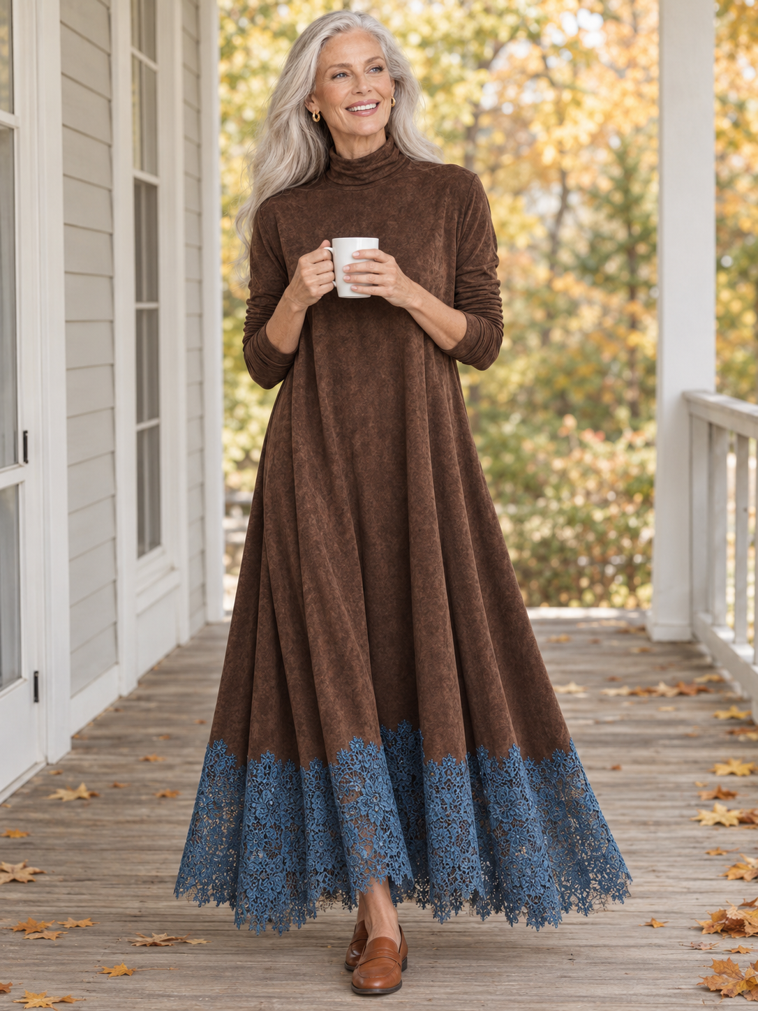 Fern lace-hem maxi dress in chocolate #color_chocolate