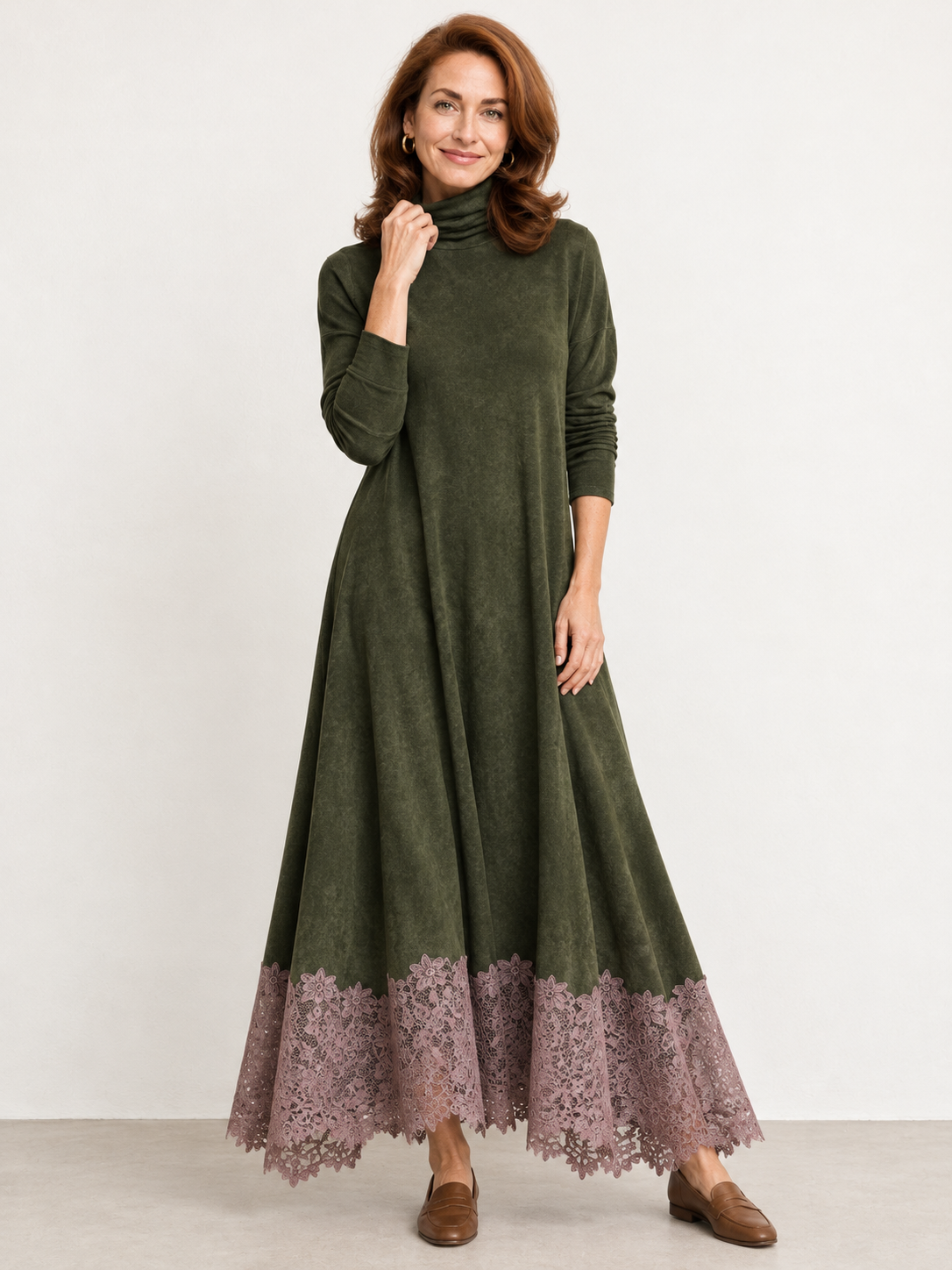Fern lace-hem maxi dress in olive #color_olive