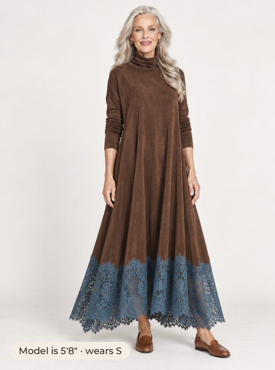 Fern lace-hem maxi dress in chocolate #color_chocolate
