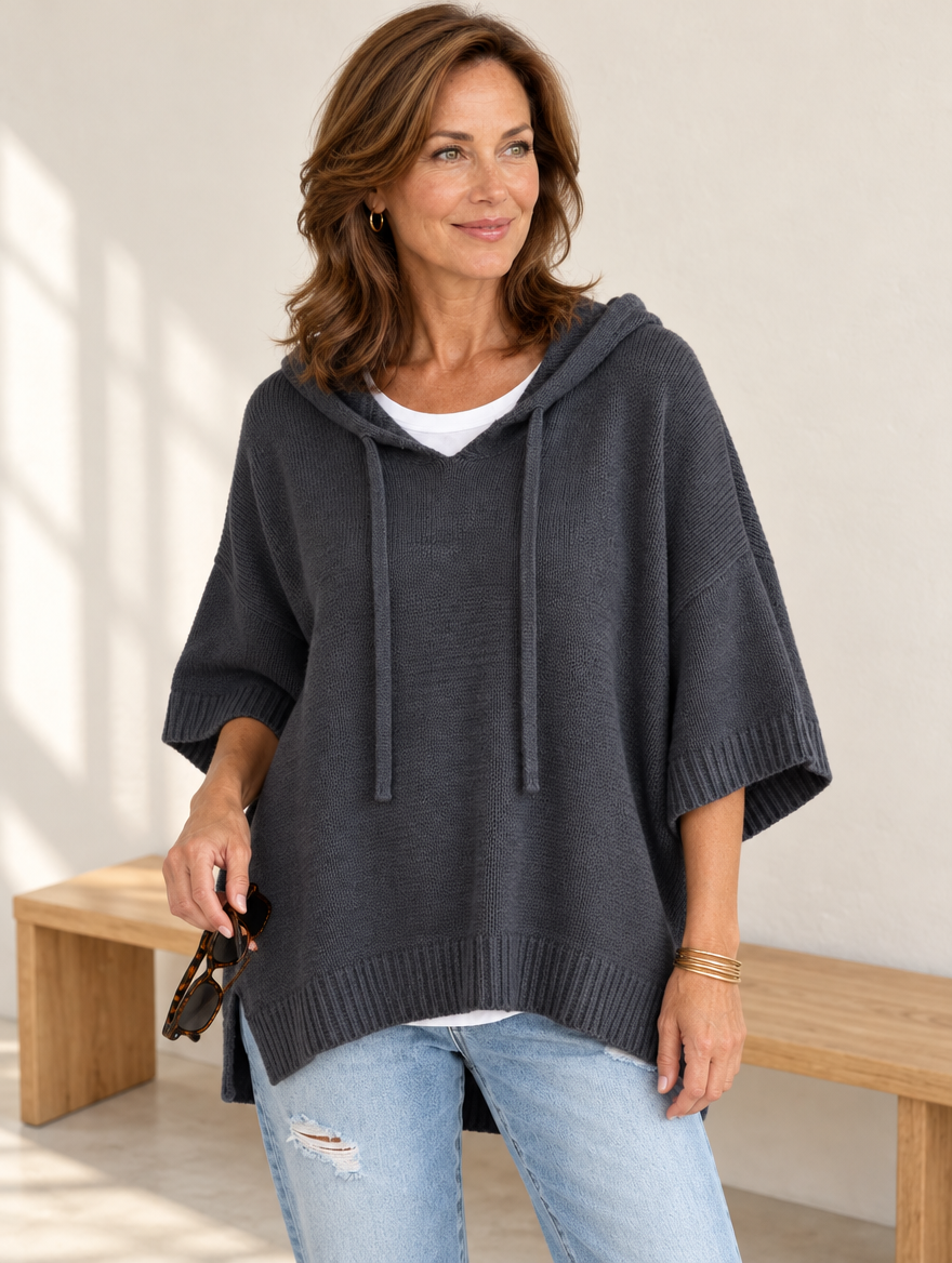 Laurel hooded knit poncho in charcoal #color_charcoal