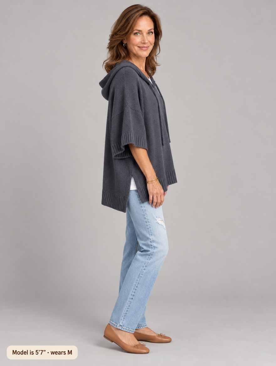 Laurel hooded knit poncho in charcoal #color_charcoal