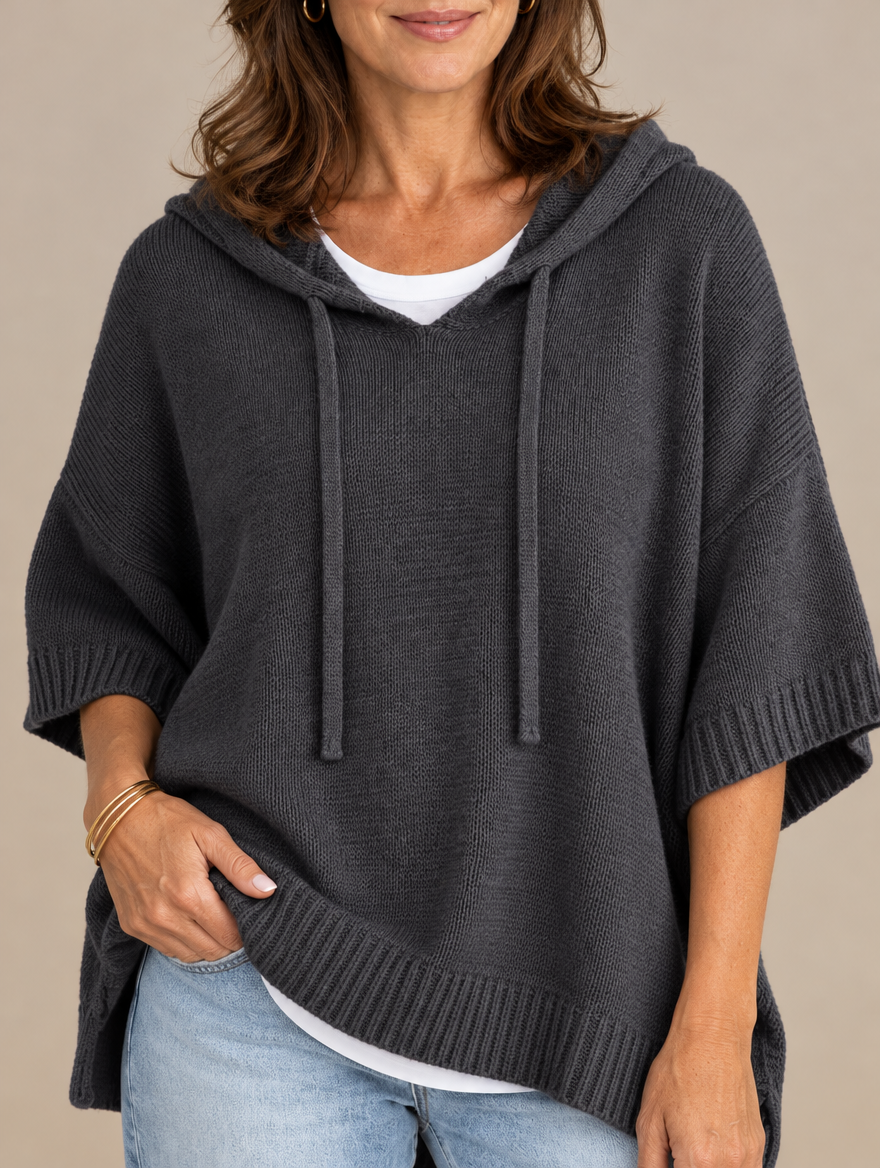 Laurel hooded knit poncho in charcoal #color_charcoal