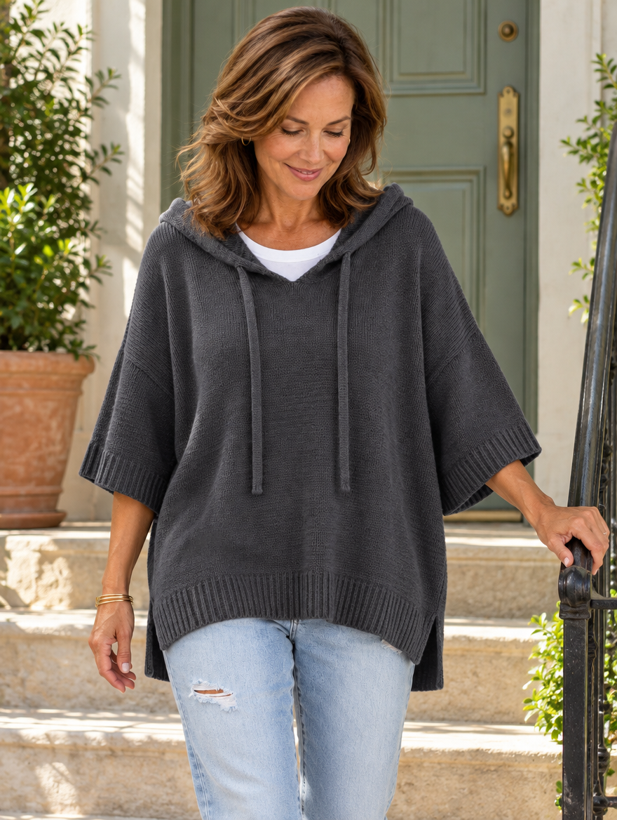 Laurel hooded knit poncho in charcoal #color_charcoal