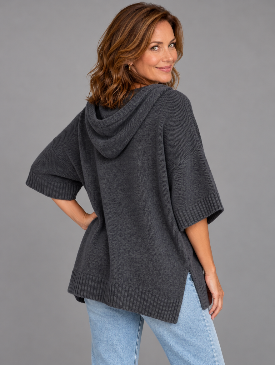 Laurel hooded knit poncho in charcoal #color_charcoal