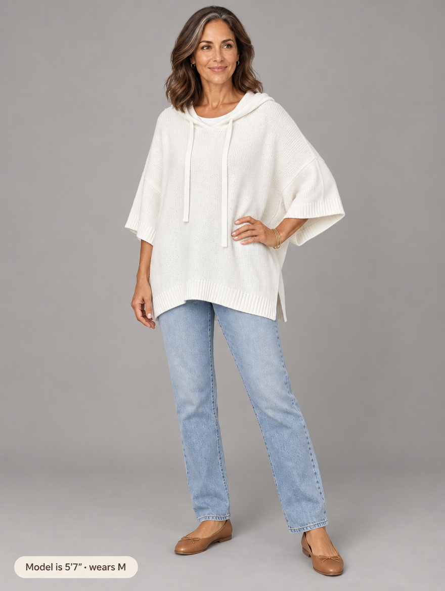 Laurel hooded knit poncho in white 