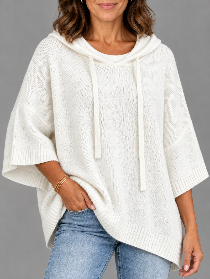 Laurel hooded knit poncho in white 