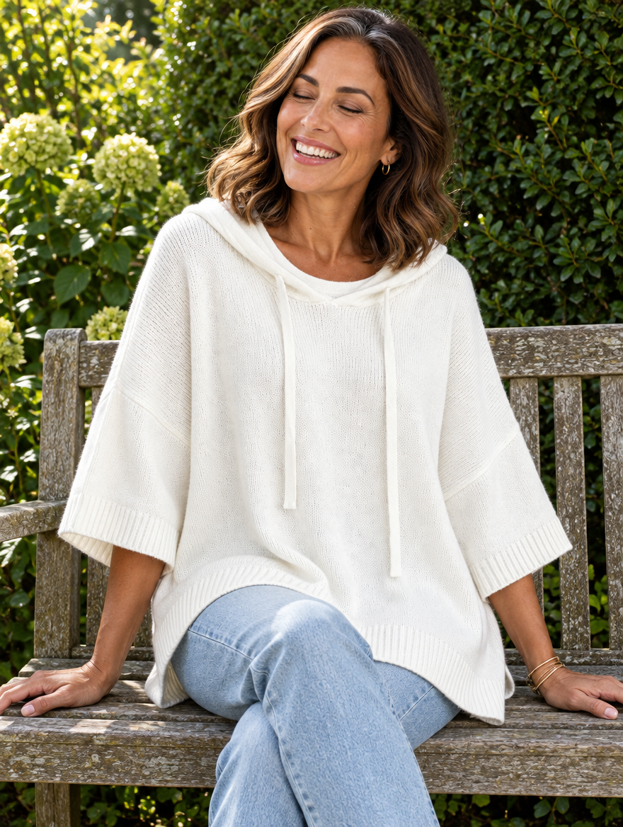 Laurel hooded knit poncho in white 