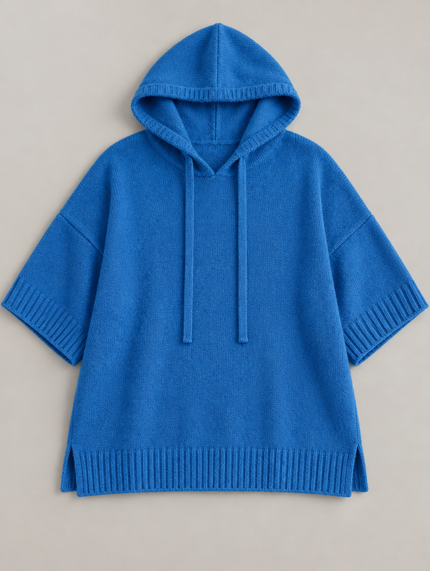 Laurel hooded knit poncho in blue 