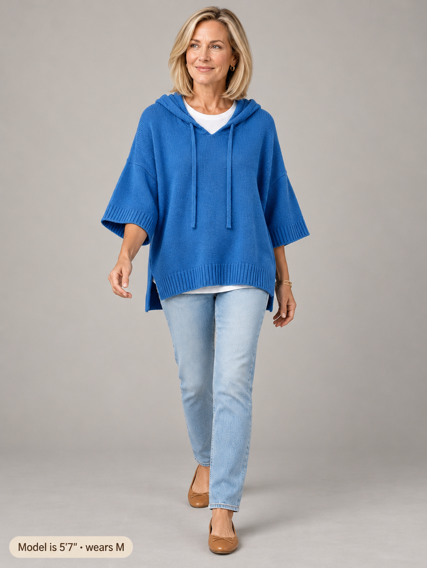 Laurel hooded knit poncho in blue 