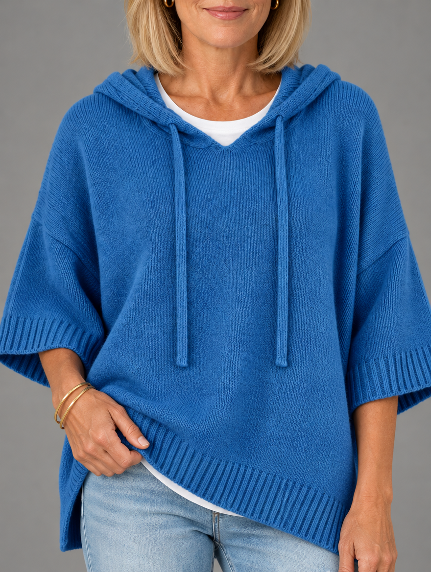 Laurel hooded knit poncho in blue 