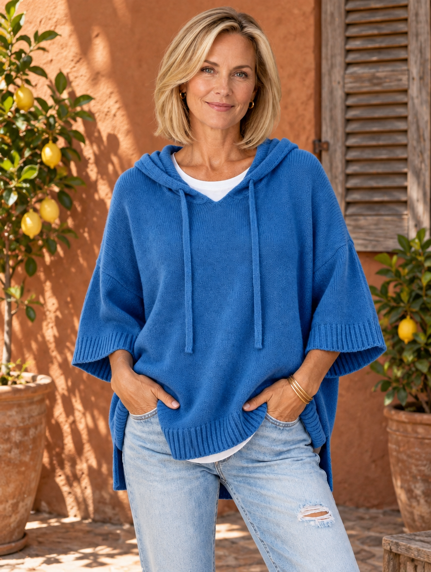 Laurel hooded knit poncho in blue 