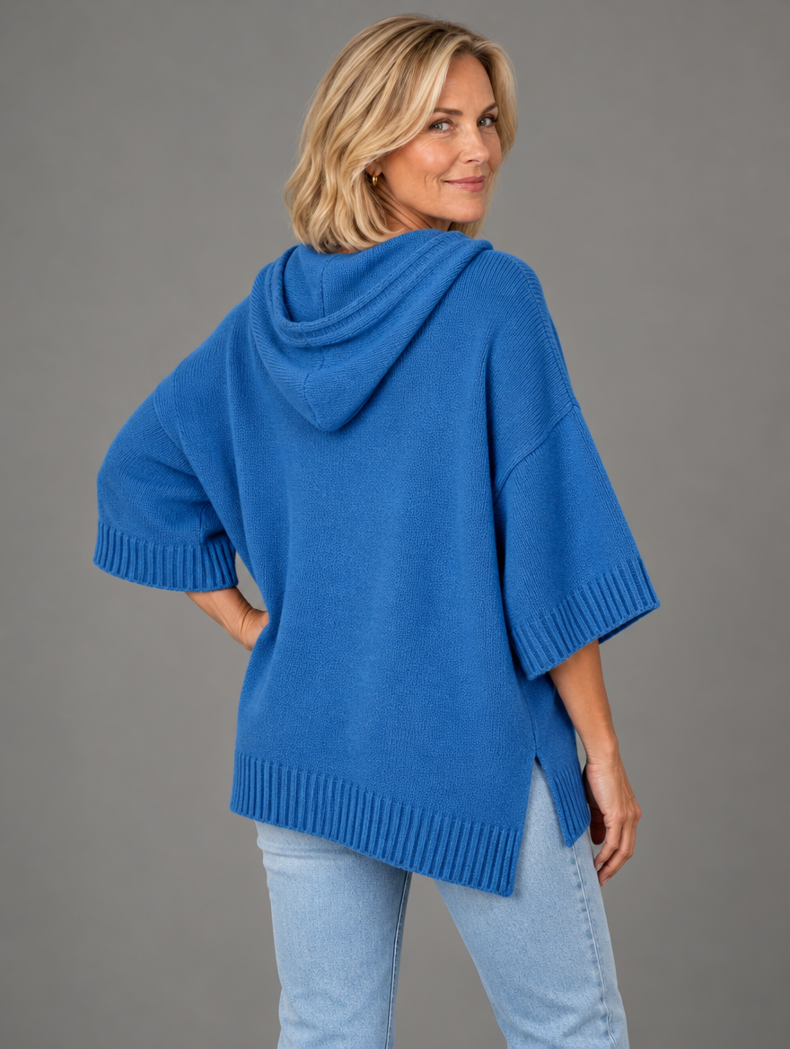 Laurel hooded knit poncho in blue 