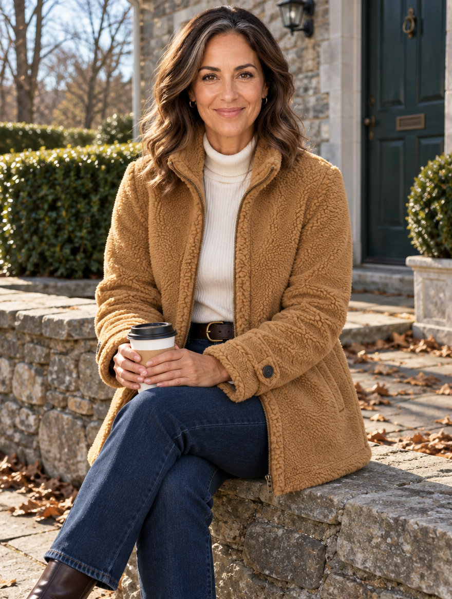 Nell sherpa zip jacket in camel 