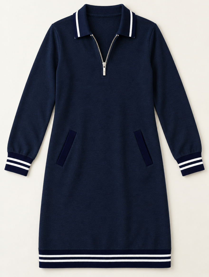Delaney zip-collar sweater dress in navy blue 