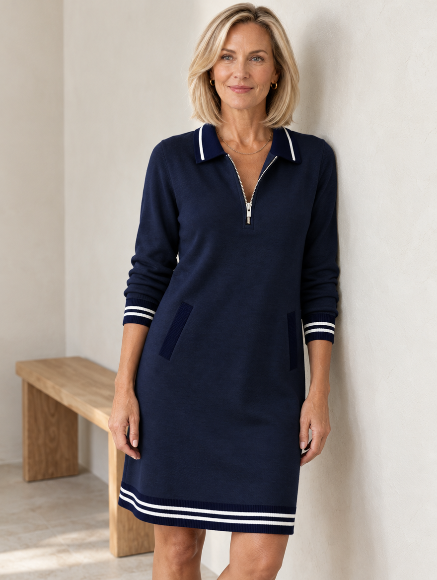Delaney zip-collar sweater dress in navy blue #color_navy-blue