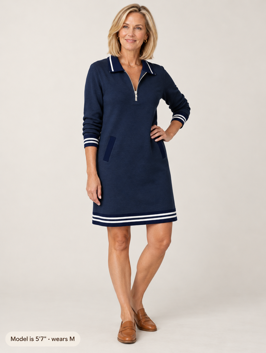 Delaney zip-collar sweater dress in navy blue 