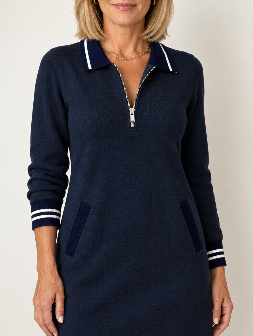 Delaney zip-collar sweater dress in navy blue 